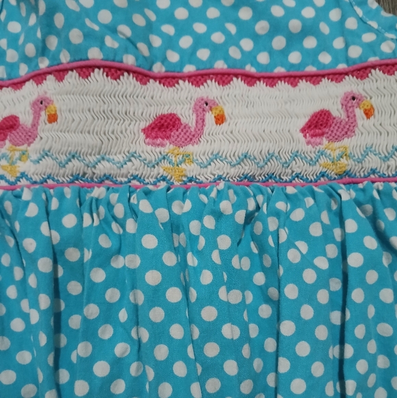 Marmellata Girls Polka-dot Smocked Dress with Crochet Flamingos. - Picture 4 of 14